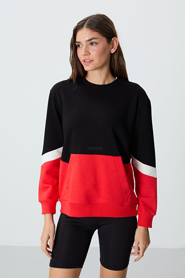 Black Compact Cotton Thick Smooth Textured O-Neck Standard Fit Women's Sweatshirt - 97289