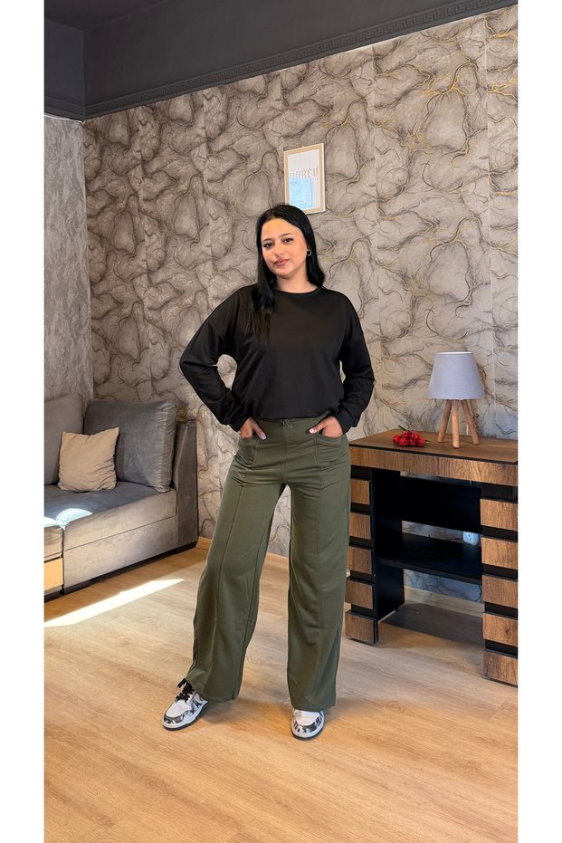 Women's Lawned Wide Leg Trousers Sweatpants BRC6502 Khaki