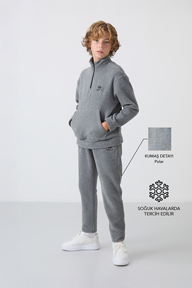 Gray Melange Thick Soft Textured Standard Fit Embroidered Fleece Tracksuit Suit for Boys - 11218