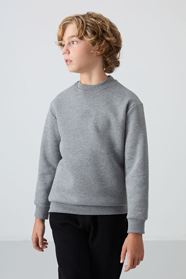 Gray Melange Cotton Thick Fleece Lined Standard Fit Embroidered Boys' Sweatshirt - 11232