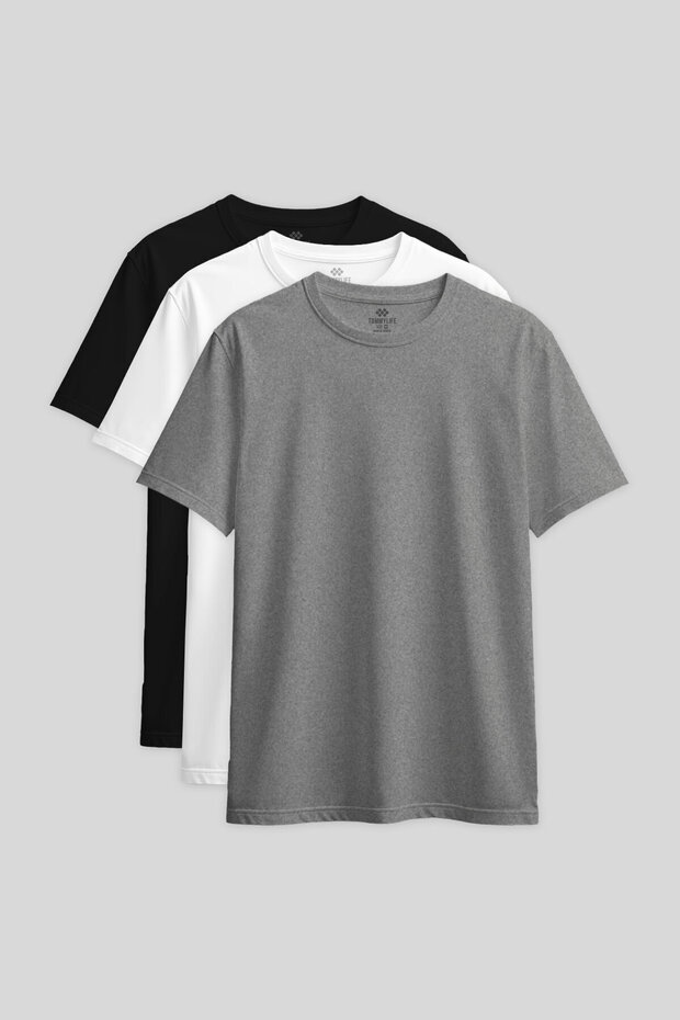 Standard Fit Basic O Neck 3 Pack Black-White-Grey Melange Women's T-Shirt - 97311