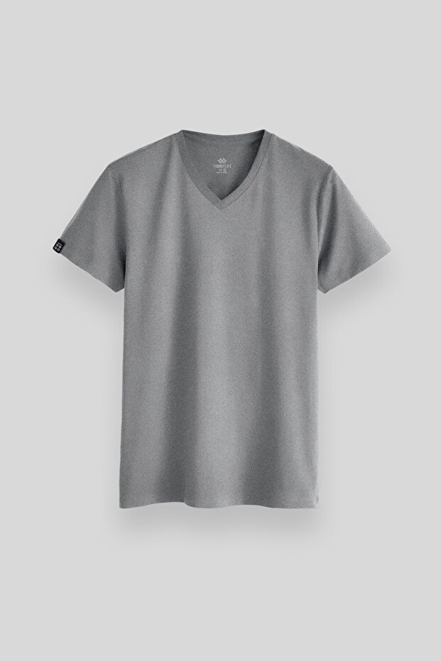 Gray Melange Basic Short Sleeve Standard Fit V-Neck Men's T-Shirt - 87912