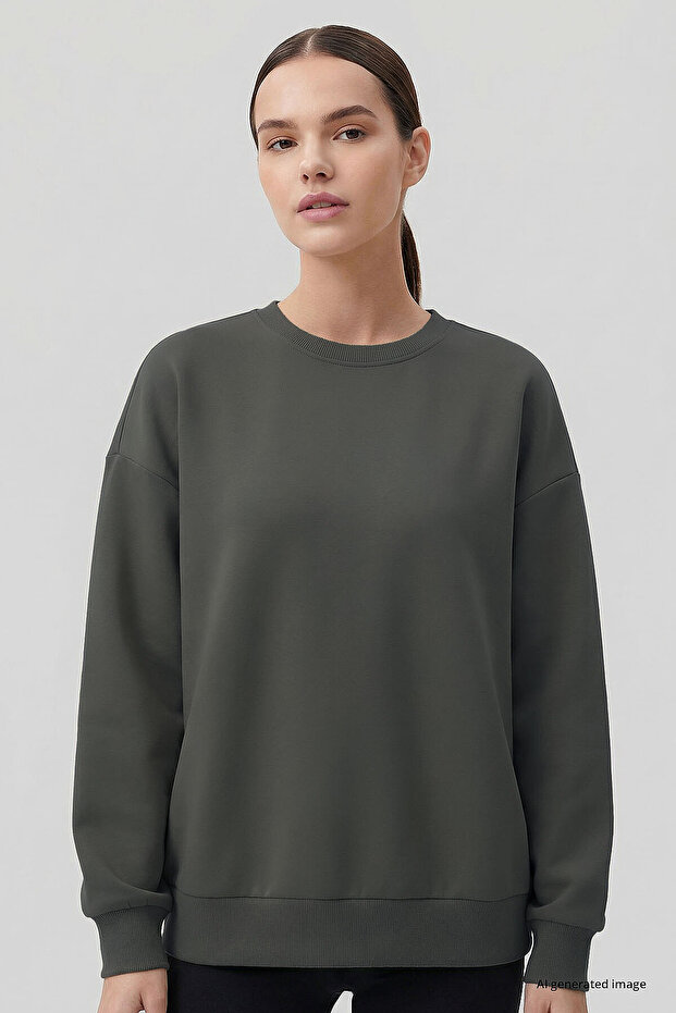 Khaki Basic O Neck Oversized Women's Sweatshirt - 97053