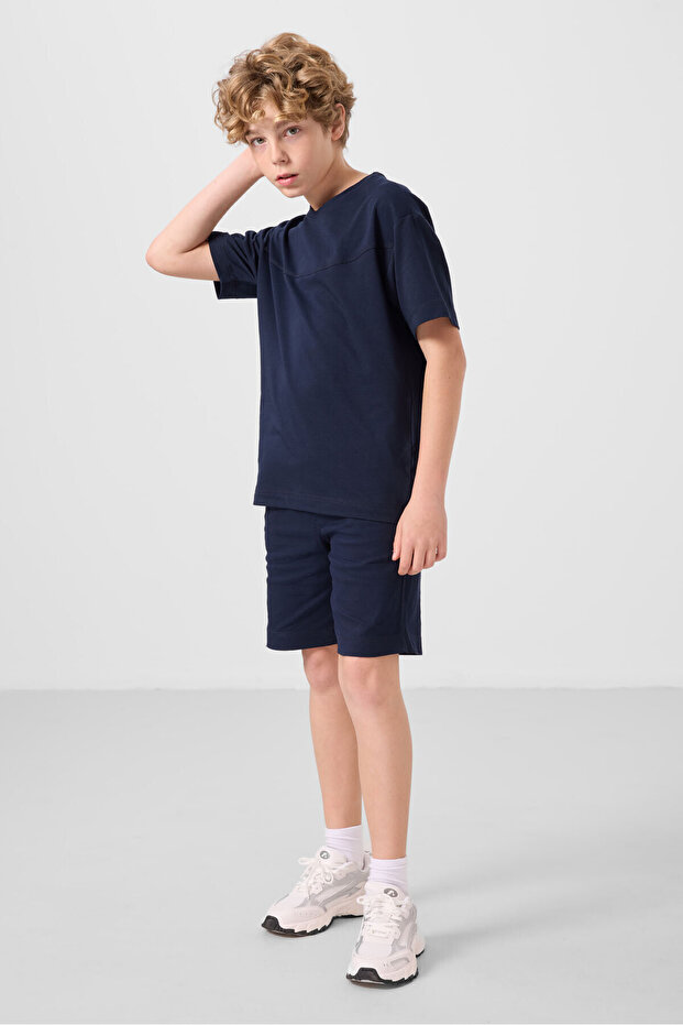 Navy Blue Cotton Oversized Fit Woven Lightweight Stretchy Chino Boys' Shorts Set - 11279