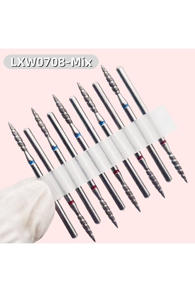 LXW0708-Mix 10Pcs Tornado Diamond Nail Drill Bit Fine&Medium Grit Size Manicure Cutters Rotary Burr
