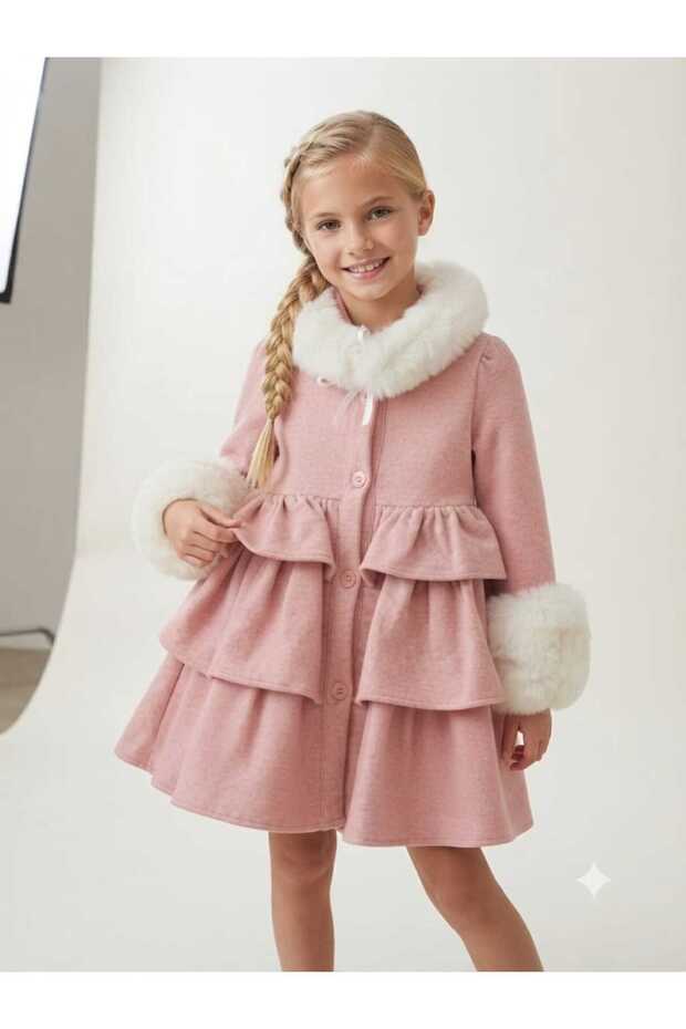 Girl's Collar and Sleeves White Fur Stamp Coat