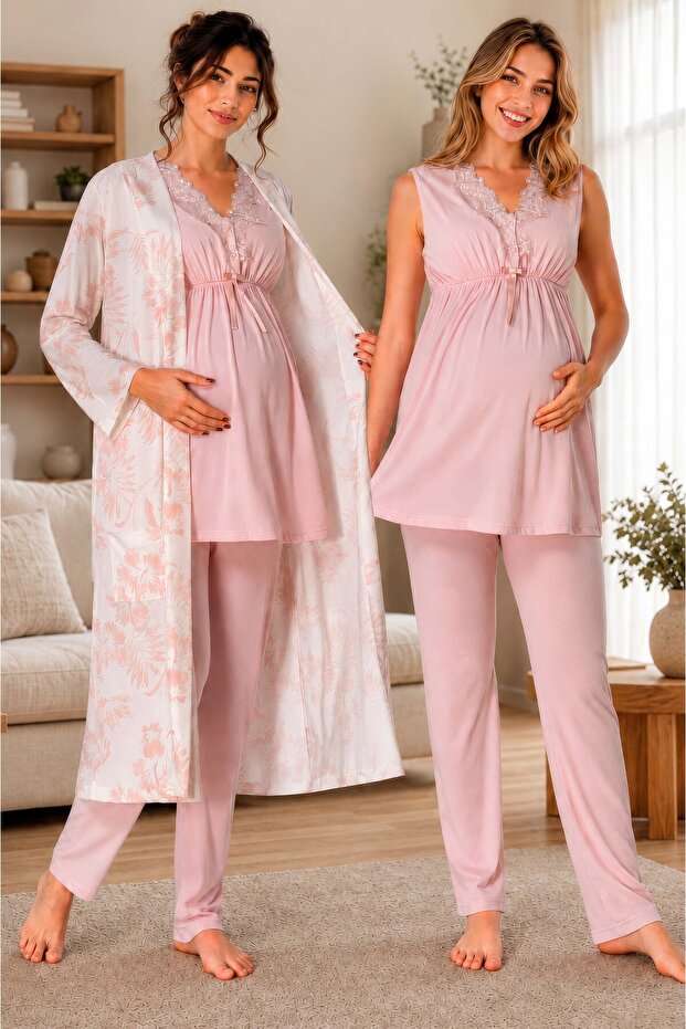 Cotton Pajama Set for Pregnant and Postpartum Women with Adjustable Waist Elastic Effortt - Powder