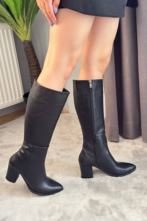 Women's Monika Black Skin 7.5 cm Heeled Below the Knee Zippered Boots