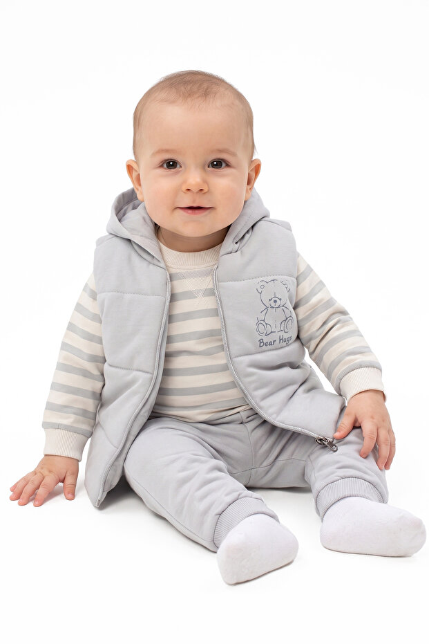 Baby Boy Ecru Gray Striped Bear Printed Vest 3-Piece Set