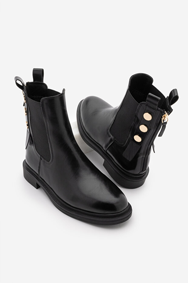 Women's Gold Buttoned Double Elastic Back Zipper Casual Boots Valone Black