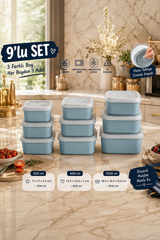 5317 9-Piece Square Storage Container Set with Air Release Valves – Blue (3 Different Sizes X 3 Pieces)