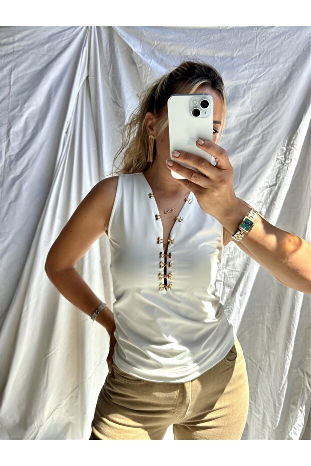 Women's White Color V-Neck Low-Cut Buttoned Lined Body Blouse