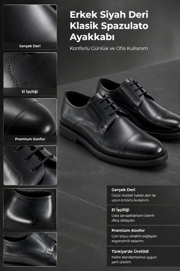Men's Black Leather Classic Spazulato Shoes Comfortable for Daily and Office Use