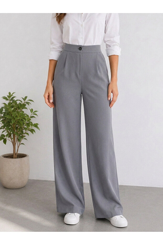 Women's Gray High Waist Pleated Buttoned Lycra Flexible Comfortable Fit Palazzo Pants