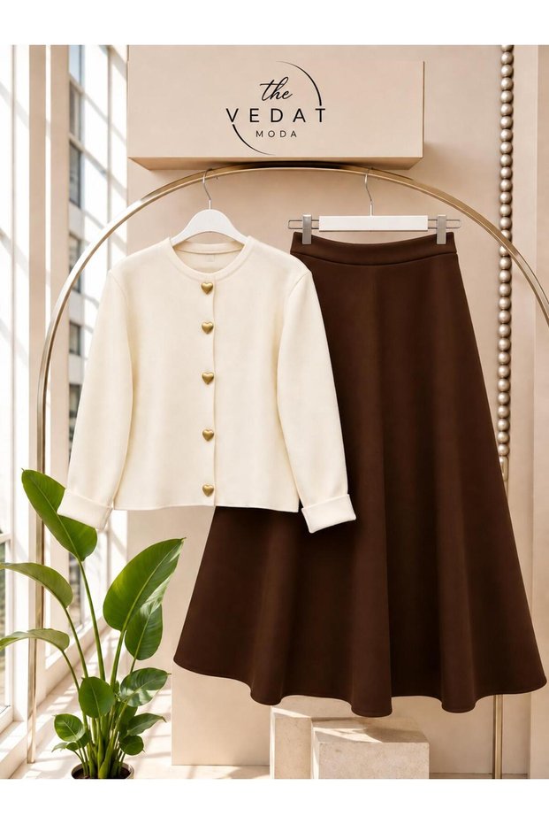 Women's Heart Buttoned Knitwear Cardigan Skirt Set -56 Cream-Brown