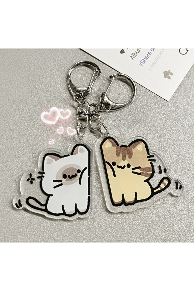White and Yellow-2pc 2 PCS Cute Cat Keychain Pendant, Matching Couple or Friend Gift, Cute Backpack