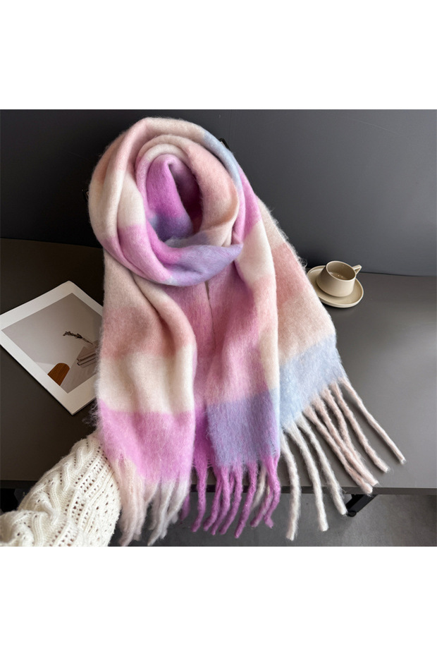 FYR108-23-9 Winter Warm Thick Scarf Women Mohair Plaid Soft Tassel Shawl Wrap Pashmina Checkered Lar
