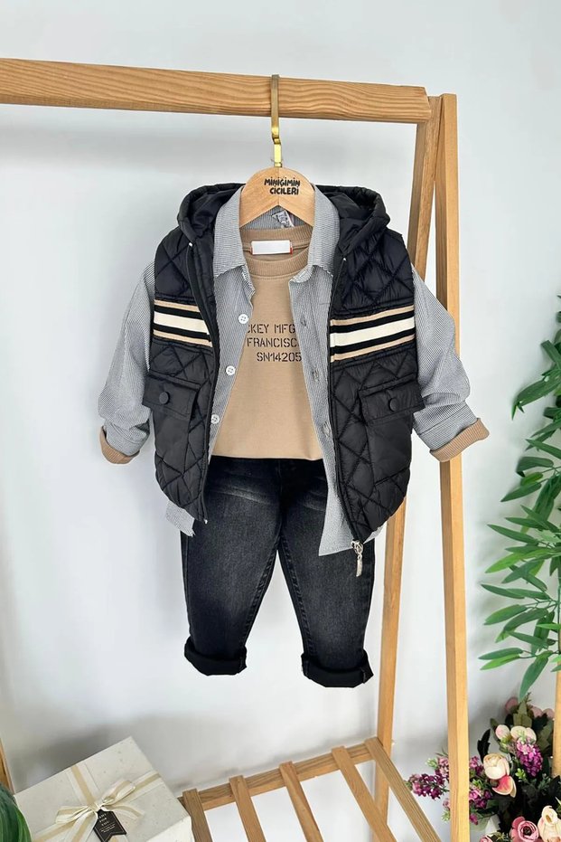 Miniğimin Cicileri Quilted Inflatable Vest Set Shirted Boys' 4-Piece Combination - Black