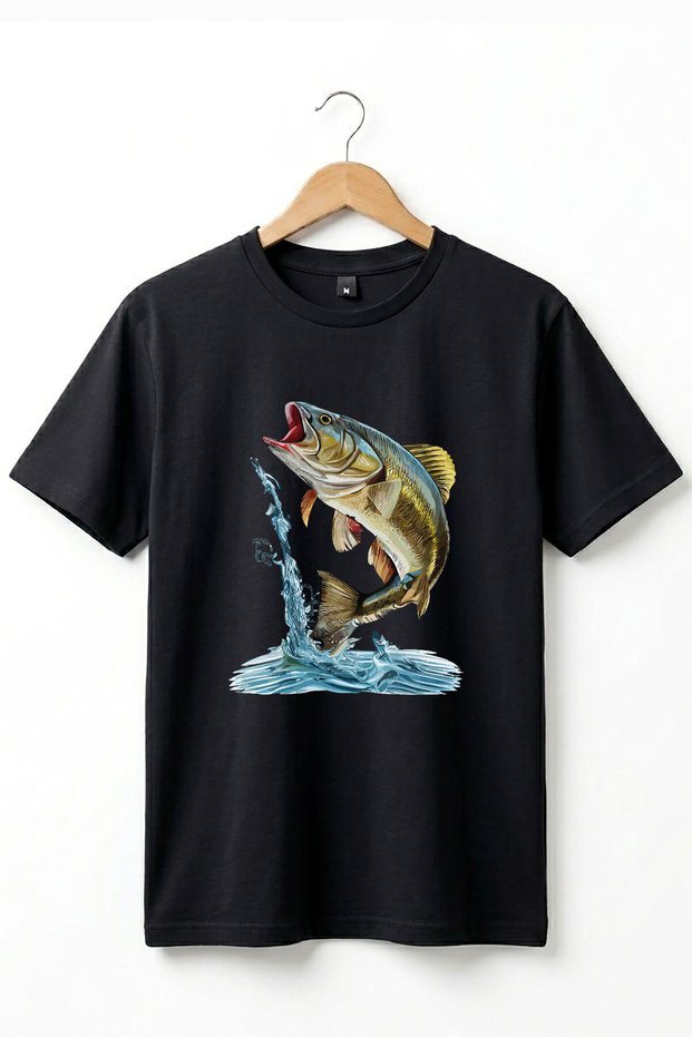 Fishing Hunting Fish Printed 100% Cotton Premium Black T-Shirt
