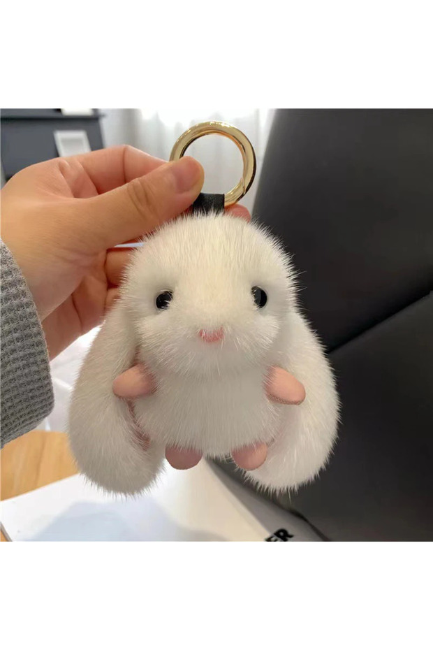 WHITE Cute Fluffy Rabbit Keychain Ring Plush Pompon Bunny Bag Pendant For Couple Car Key Ring Jewelr