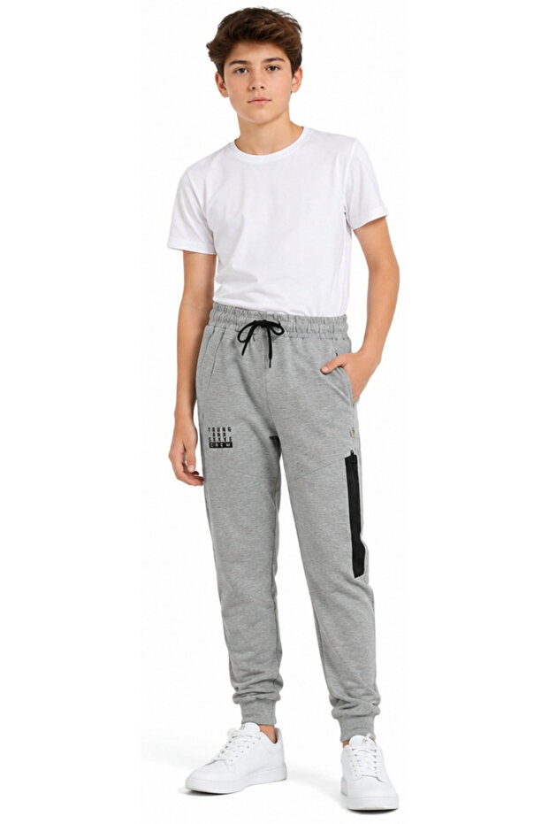 Boy / Girl Young Text Patterned Gray Sweatpants with Front Pieces and Zipper Accessories