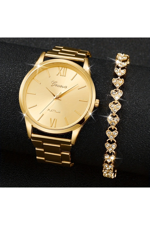 Gold 2pcs/set Golden Fashion Quartz Watch Business Minimalist Steel Band Wrist Watch & Bracelet, Gif