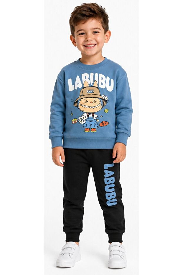 Boy's Labubu Picture Written Blue Tracksuit Set