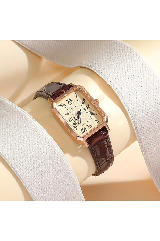 No Brown Casual Rectangle Pointer Quartz Watch Rome Fashion Analog Retro PU Leather Wrist Watch For