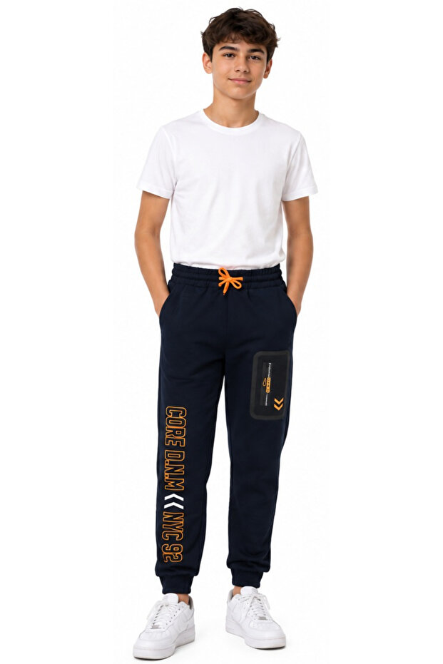 Boy's Core Written Mesh Pocket Patterned Navy Blue Sweatpants