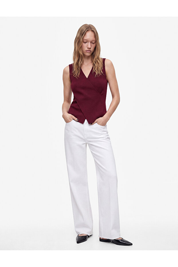 Slim Fit Layered Sleeveless Viscose Blend V-Neck Blouse