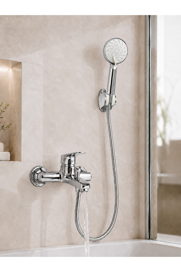 Chrome Bathroom Faucet Shower Set Articulated Hand Shower Hot Cold Mix Faucet and Shower Head Set