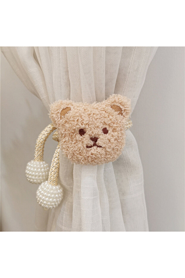 Milk Tea Ins-Style Korean Version Plush Teddy Bear with 1 Pearl Buckle Curtain Tie for Children's Ro