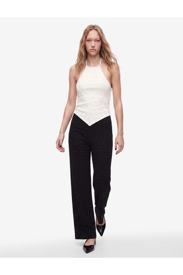 Normal Waist Stone Detailed Regular Fit Viscose Wide Leg Sweatpants