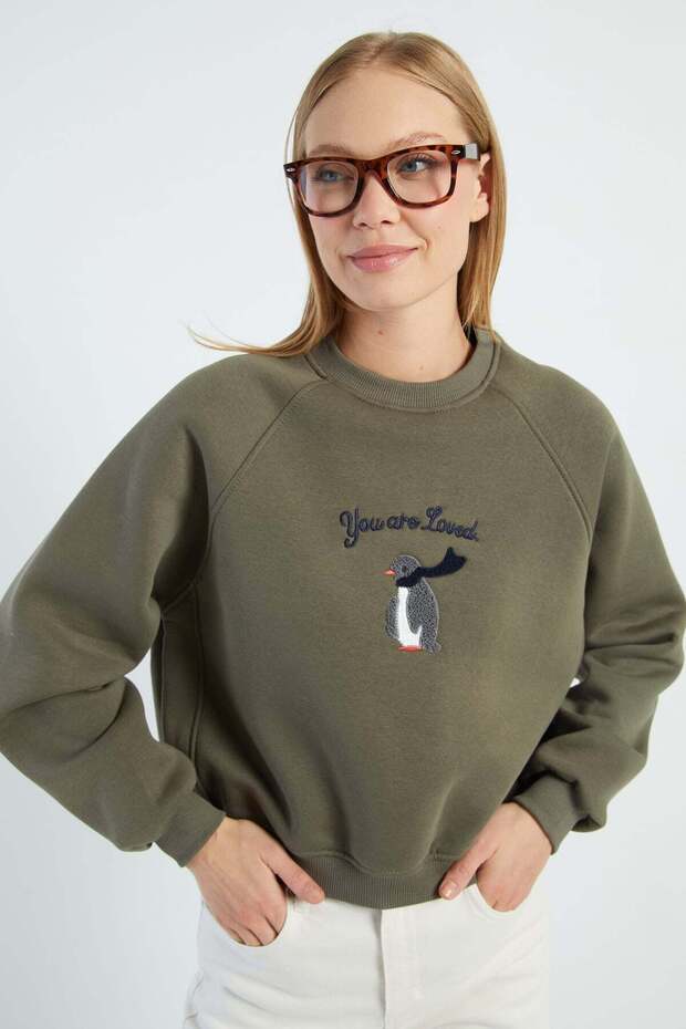 3 Thread Penguin Embroidered Crop Sweatshirt
