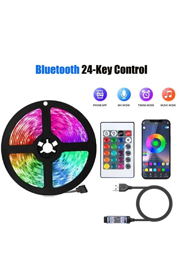 أضواء LED مرنة RGB تعمل بتقنية بلوتوث، مزودة بـ 24 مفتاحًا، تعمل بمنفذ USB 5 فولت، مع تطبيق للتحكم عن بعد و24 مفتاحًا.
