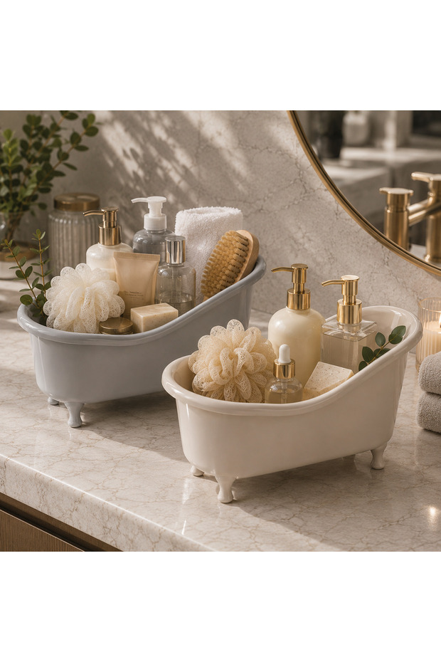 Decorative Mini Bathtub Organizer Set of 2 Gray + Beige – Bathroom & Cosmetic Organizer