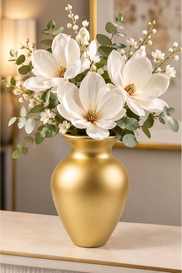 Defne Glass Vase 25 cm ••Gold Coated 6Y24007 •• Decorative Vase Modern Flower Vase Living Room Office Table Vase Models Pampas Vase Luxury Glass Vase Living Room Vase Nordic Glass Vase Mirror Front Decor