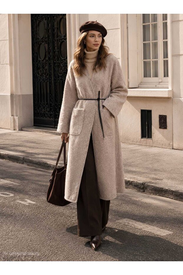 Thick Cardigan with Leather Belt Detail - Stone Color -