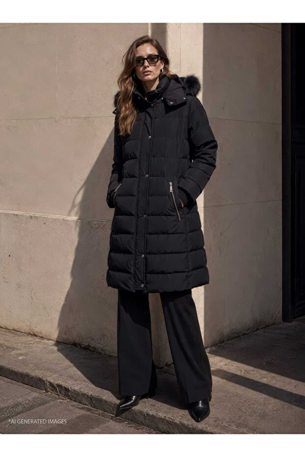 Hooded Puffer Jacket with Snap Detail - Black -