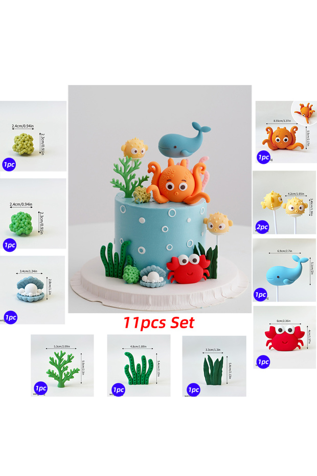 Size as show A2 11pcs Set Under The Sea Cake Topper Set Orange Octopus Dolphin Crab Agouti for Boys