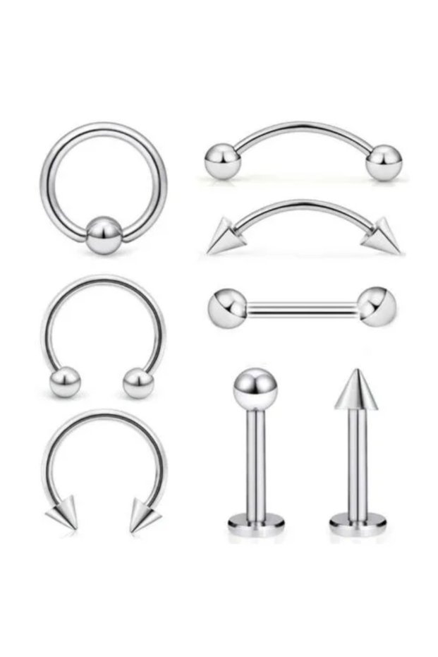 16G-1.2mm-8mm B2-8Pcs-Silvery 8Pcs Stainless Steel Eyebrow Rings, Lip Ring Nose Hoop Tongue Ring Sep