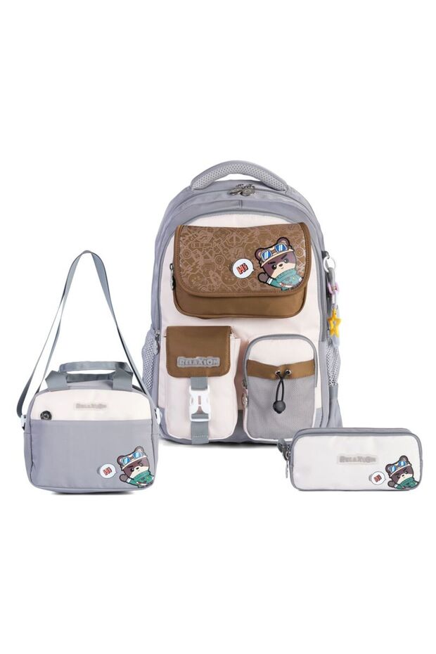 Rlx-1812 Set of 3 Children's Primary School Bag with Pen Holder and Lunch Bag Backpack Gray