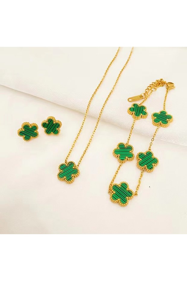 S3-3pcs-green 3Pcs Stainless Steel 316L Luxury Plum Blossom Plant Five Leaf Flower Necklace Earrings