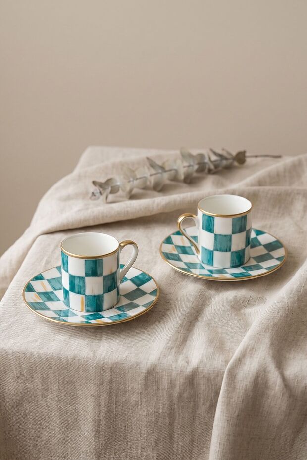 Bella Turquoise 2-Person Porcelain Coffee Cup Set – Turquoise Square Pattern, Gold Detail, 4 Pieces