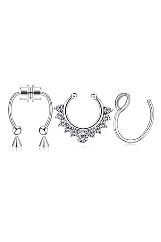 F6-3Pcs-Silvery 3Pcs Fake Nose Ring Magnetic Septum Ring Fake Nose Ring Hoop Stainless Steel Horsesh