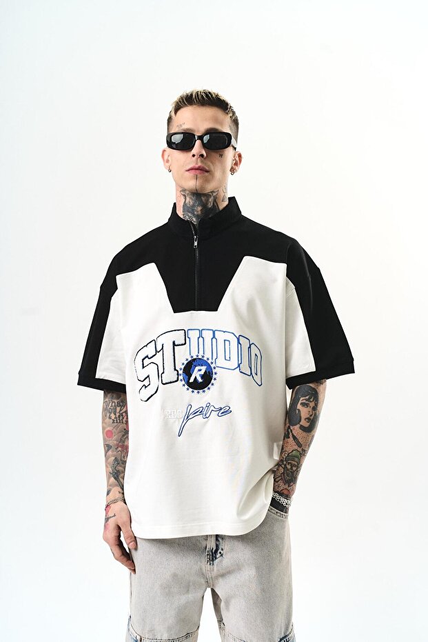 Men's Studio Embroidered Half Zipper Oversize T-Shirt Ecru