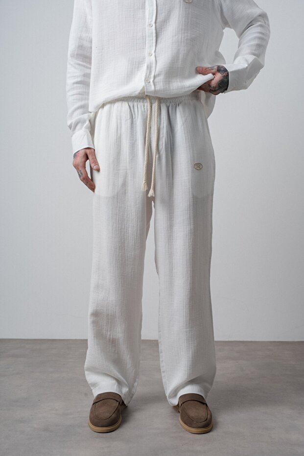 Men's R Embroidered Muslin Baggy Trousers Ecru
