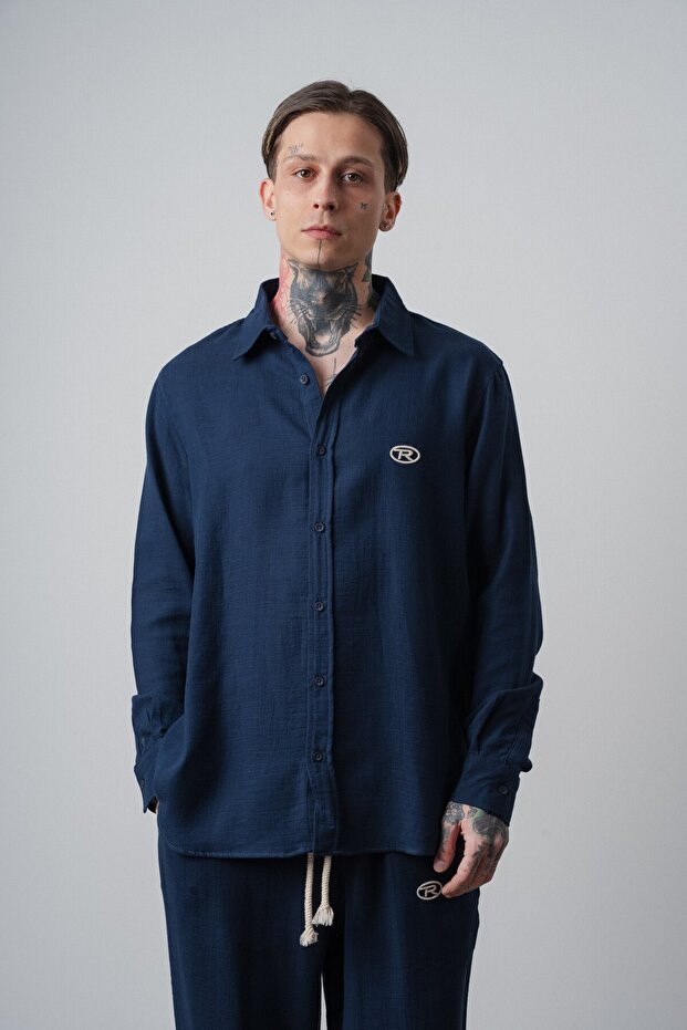 Men's R Embroidered Long Sleeve Muslin Oversized Shirt Navy Blue