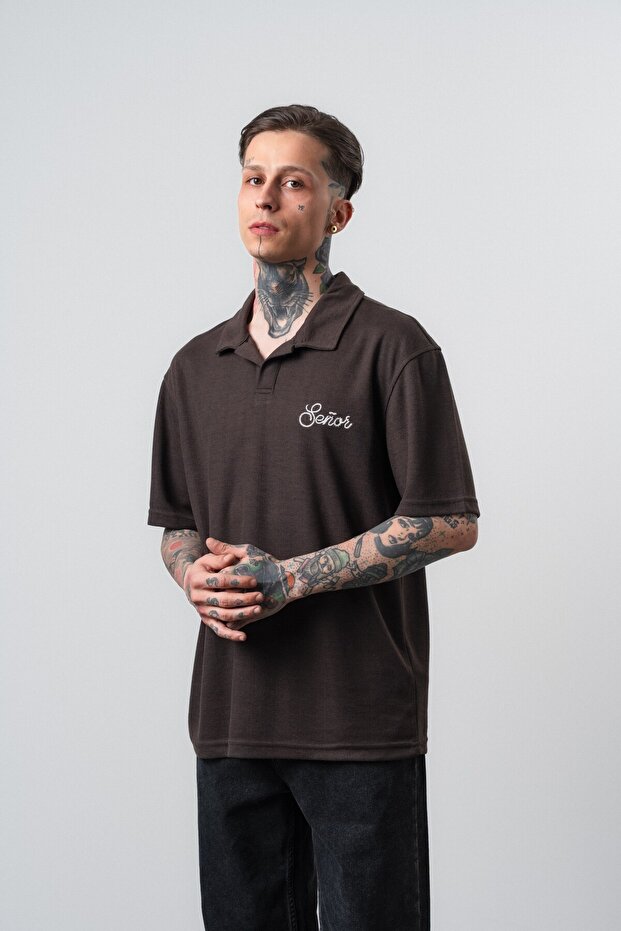 Men's Senor Written Polo Collar Regular Fit T-Shirt Brown