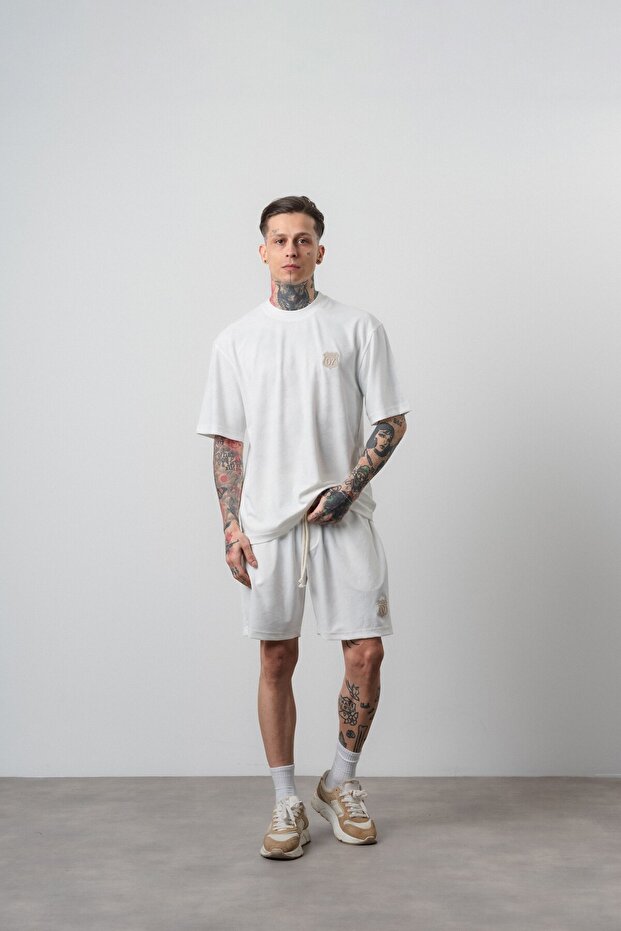 Men's Route 07 Arma Detailed Regular Fit T-Shirt Shorts Set Ecru